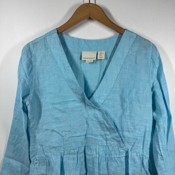 Cynthia Rowley Top Women XS Blue 100% Linen Beach Coastal Spring V Neck Blouse - Picture 3 of 5